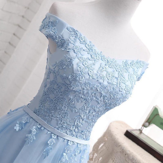 Beautiful Light Blue Off Shoulder Tulle Party Dress, Blue Homecoming Dresses,DS1082