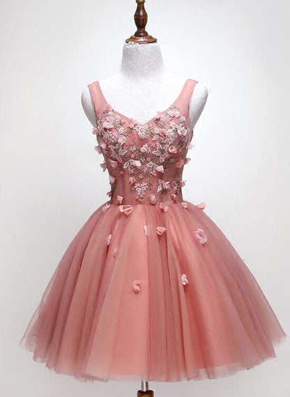 Cute Dark Pearl Pink Knee Length V-neckline Flower Homecoming Dress, New Party Dresses,DS1086