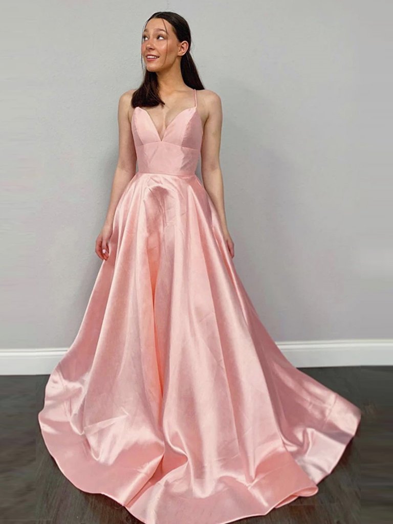 Pink V Neck Backless Satin Long Prom Dresses, Pink V Neck Long Satin Formal Evening Dresses,DS1608