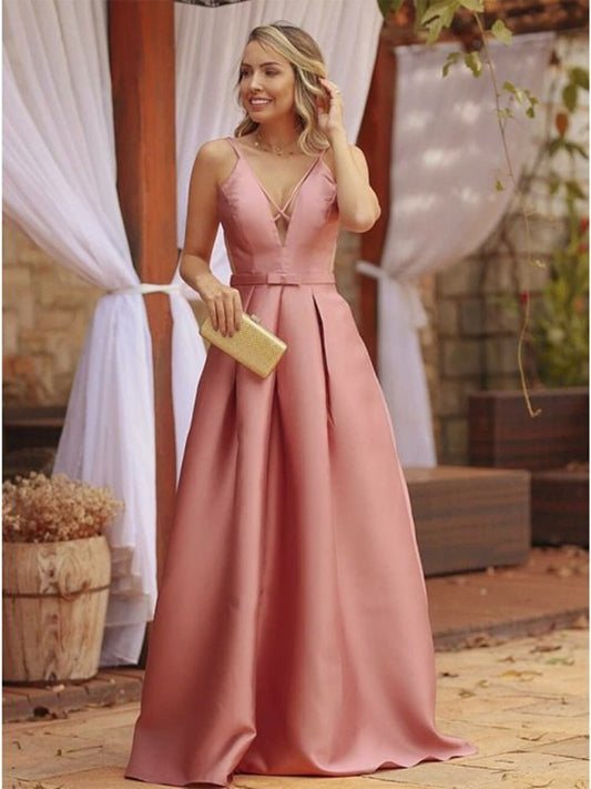 Pink V Neck Satin Long Prom Dresses, V Neck Pink Long Formal Evening Dresses,DS1621