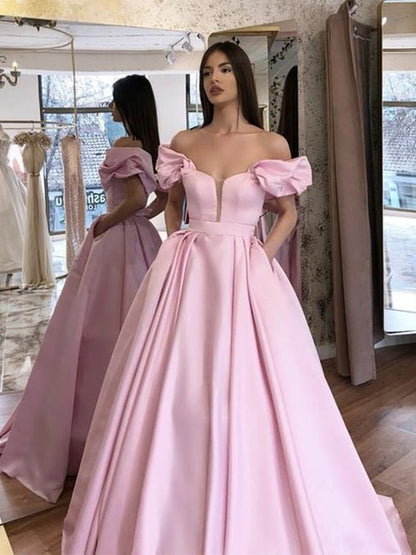 Pink Off Shoulder Long Prom Dresses, Off the Shoulder Pink Floor Length Formal Graduation Evening Dresses,DS1768