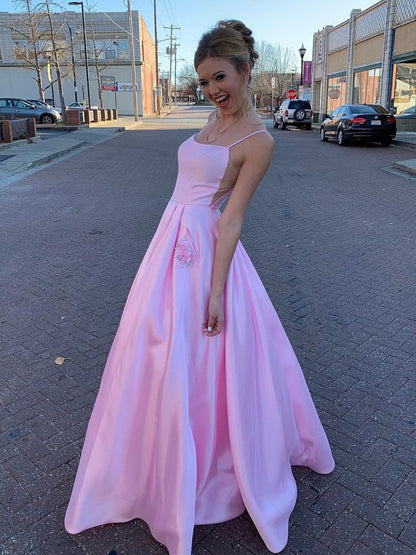 Pink Satin Prom Dress with Pockets, Pink Satin Long Formal Evening Dresses,DS1716
