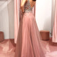 Pink V Neck Backless Beaded Prom Dresses, Pink Backless Formal Graduation Evening Dresses,DS1775