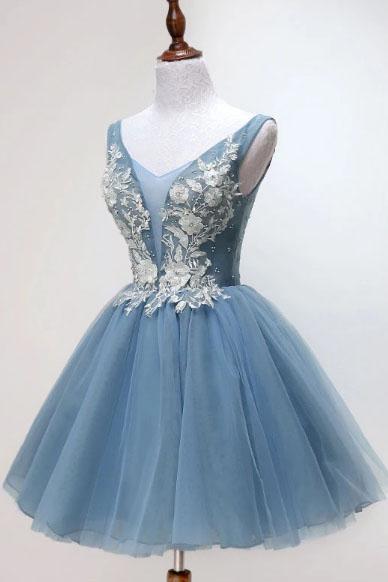 Princess Sky Blue Floral Homecoming Dress  ,DS0843