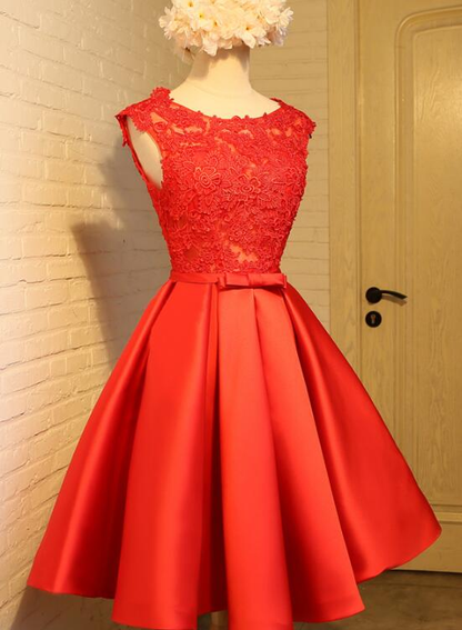 Cute Red Homecoming Dress, Round Neckline Lace and Satin Party Dress,DS1098