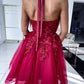 Halter Neck Backless Short Burgundy Lace Prom Dresses, Burgundy Lace Homecoming Dress ,DS0797