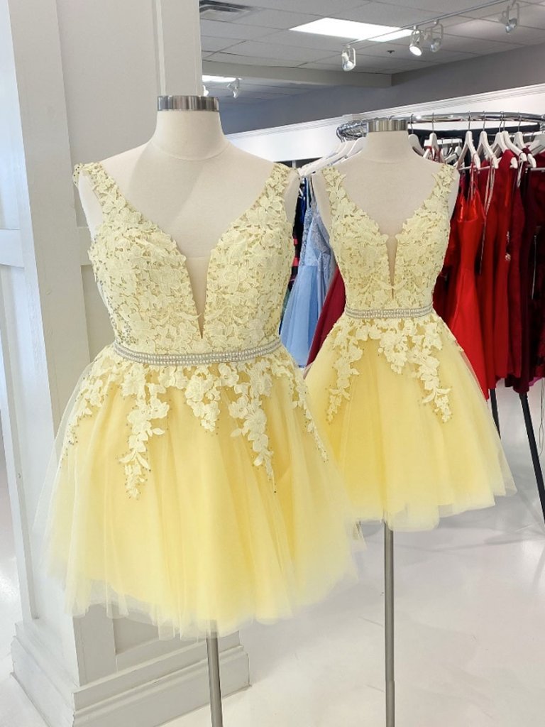 Yellow v neck tulle lace short prom dress, yellow homecoming dress ,DS0796