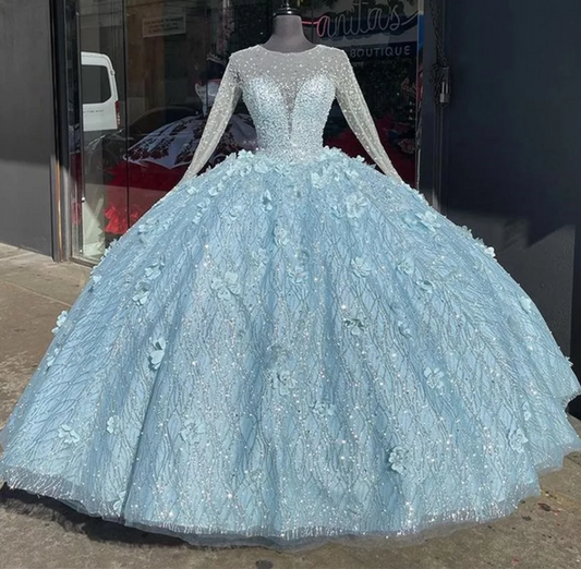 Light Blue Quinceanera Dresses O-Neck Long Sleeve Lace Sequined Flowers Sweet 16 Ball Gown Tulle Party Princess,DS4411