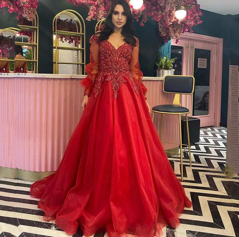 2022 Red A Line Tulle Prom Dresses V Neck Beaded Feathers Long Sleeves Evening Party Formal Gowns Backless Sexy Robe De Soiree,LW008