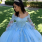 2022 Quinceanera Dresses V Neck Beaded Lace Applique Sweet 16 Girls' Prom Party Formal Banquet Wear Long Sleeves Princess Tulle,LW024