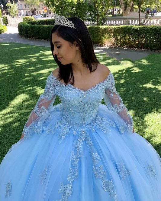 Quinceanera Dresses V Neck Beaded Lace Applique Sweet 16 Girls' Prom Party Formal Banquet Wear Long Sleeves Princess Tulle,LW024