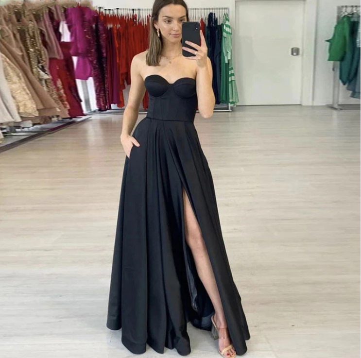 Floor Length Satin Ruched Long Prom Dresses Sweetheart Sexy Bride Formal Party Evening Gowns Side Split Black Robe De Soiree,LW027