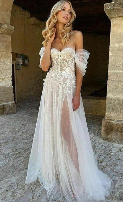 A Line Off Shoulder Lace/Tulle Beach Wedding Dresses,Cheap Bridal Dresses,DS4632