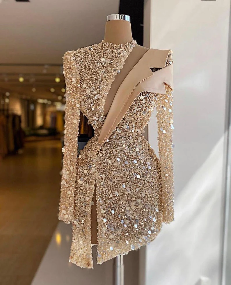 Heavy Beaded Champagne Short Prom Dresses Long Sleeve Women Dubai Evening Cocktail Party Gowns Homecoming Dress ,DH002