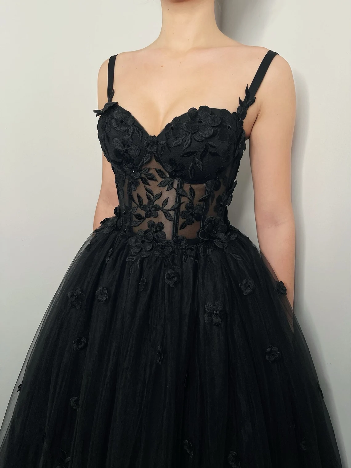 Black Gothic 3D floral sparkly corset dress with straps,EQ9648