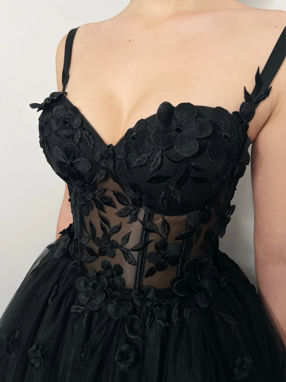 Black Gothic 3D floral sparkly corset dress with straps,EQ9648
