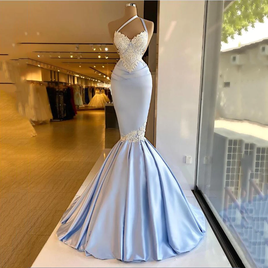 Light Blue Mermaid Evening Dress Sexy One Shoulder Applique Soft Satin Fishtail Prom Dresses Long Party Gown Plus Size,WD5762