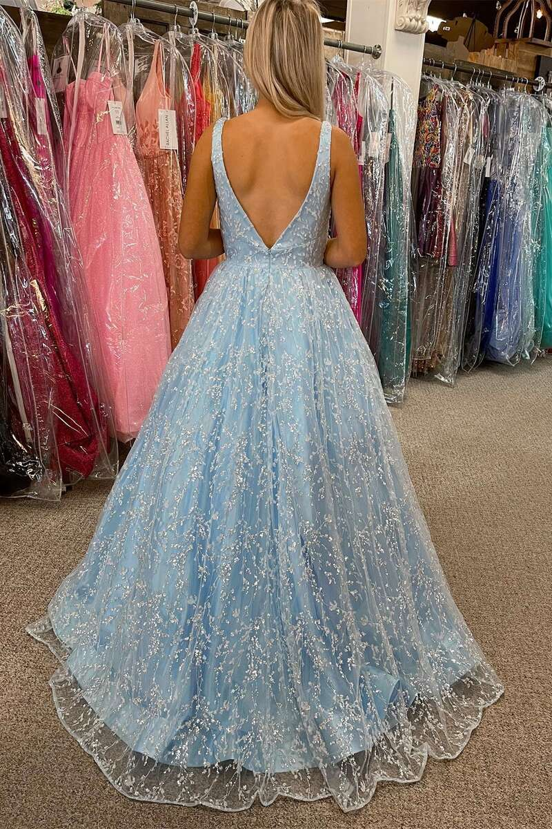 Princess Light Blue Lace V-Neck Backless A-Line Prom Gown,WD5763