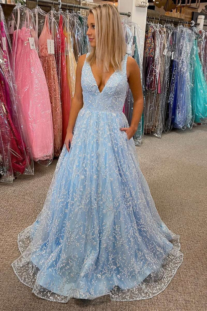 Princess Light Blue Lace V-Neck Backless A-Line Prom Gown,WD5763