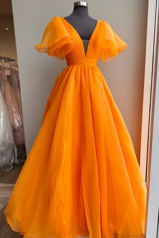 Orange A-line Long Formal Dress with Flutter Sleeves,DS9591