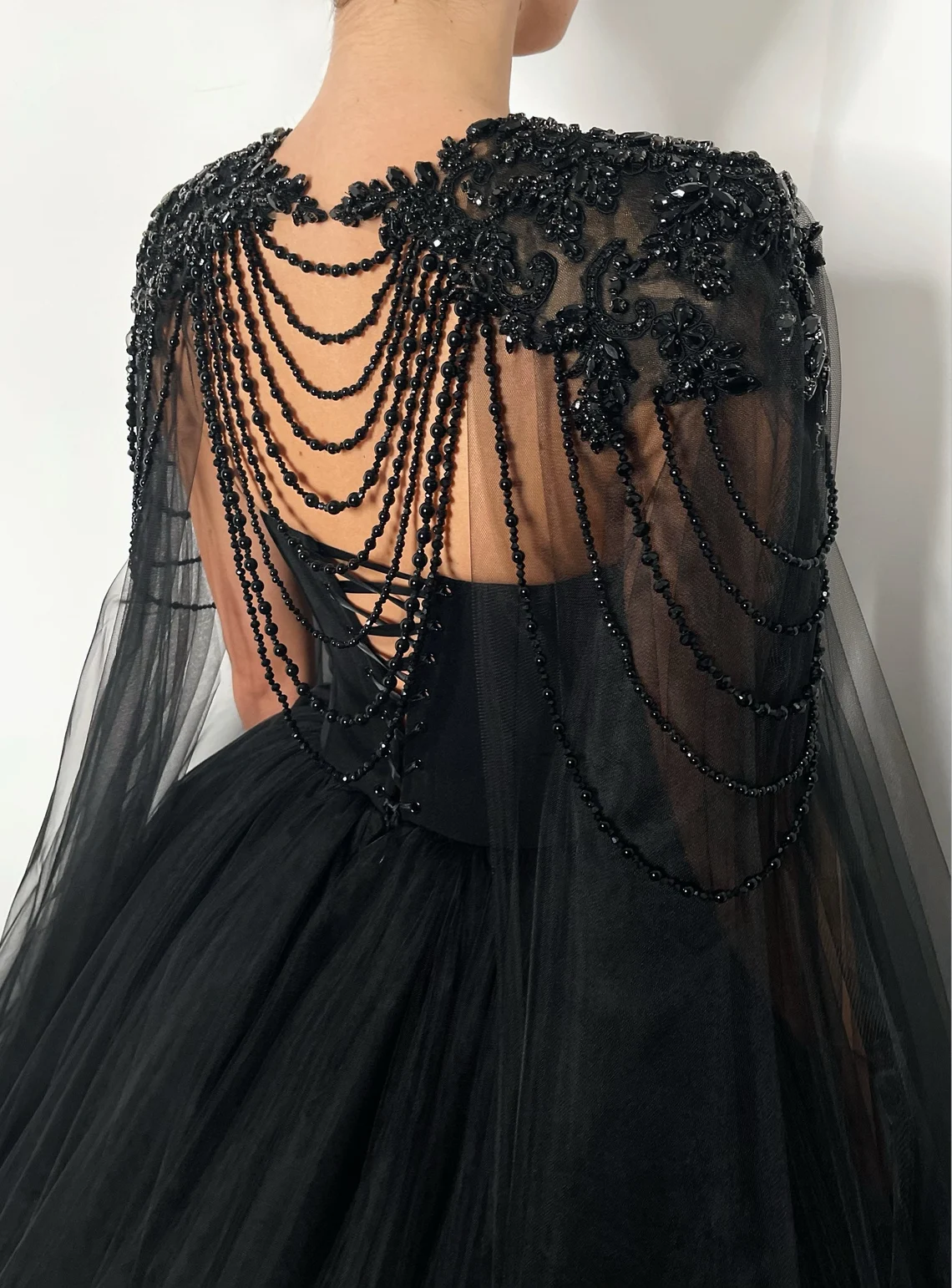 Black Gothic crystal beaded corset wedding tulle dress, elegant beaded alternive bride dress, long black cape,DS9582