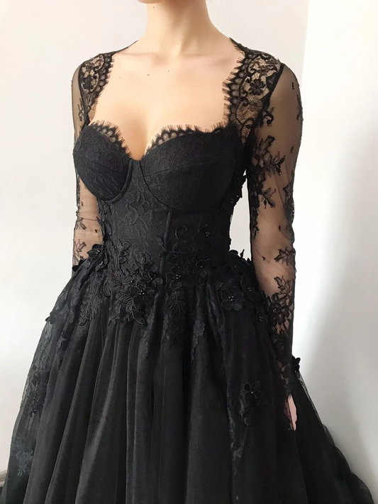 Black gothic corset wedding 3D lace floral tulle dress, alternative bride dress,DS9579