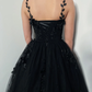 Black gothic sparkly 3D floral lace corset dress, alternative bride fantasy tulle train gown,DS9577