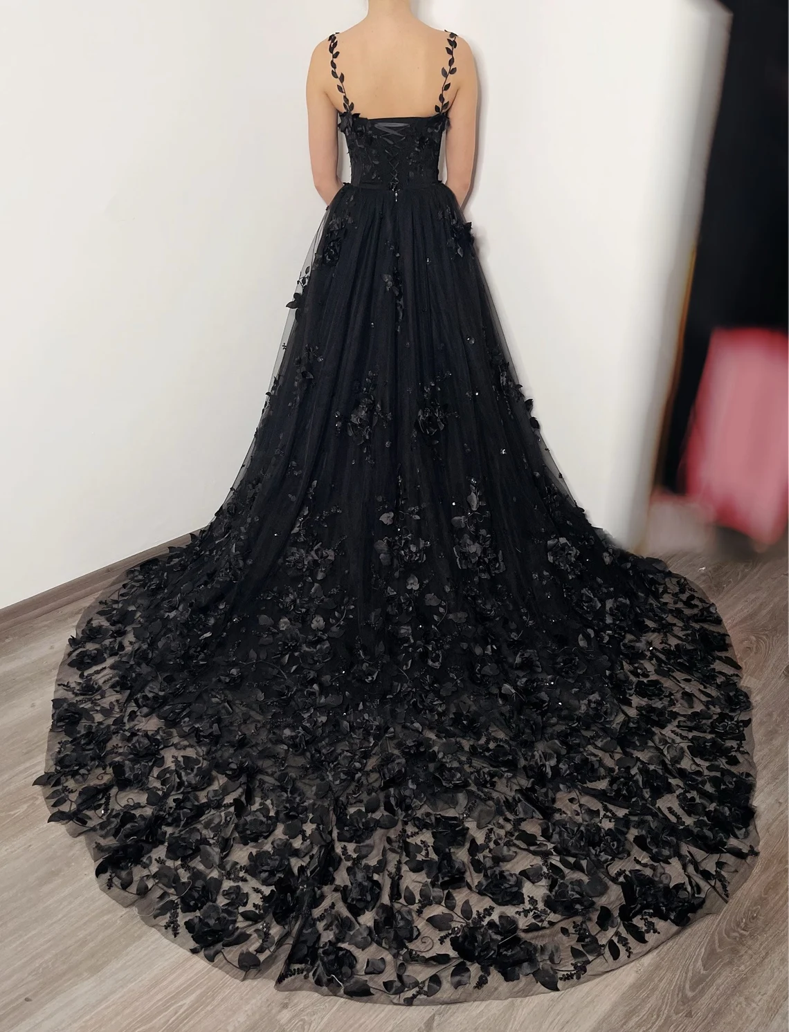 Black gothic sparkly 3D floral lace corset dress, alternative bride fantasy tulle train gown,DS9577