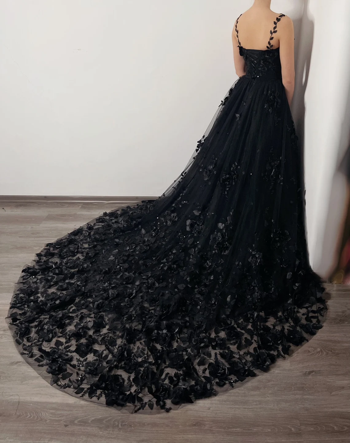 Black Gothic 3D Beaded Floral Lace Applique Tulle Dress