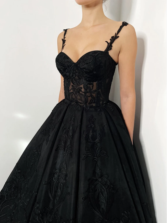 Black gothic lace corset strap wedding dress, long train alternative bride dress,DS9576