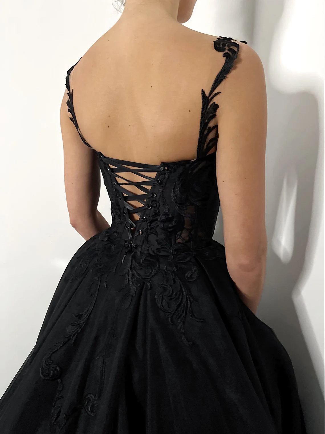 Black gothic lace corset strap wedding dress, long train alternative bride dress,DS9576