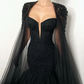 Black gothic beaded lace corset tulle mermaid wedding dress, alternative bride cape dress with a train,DS9575