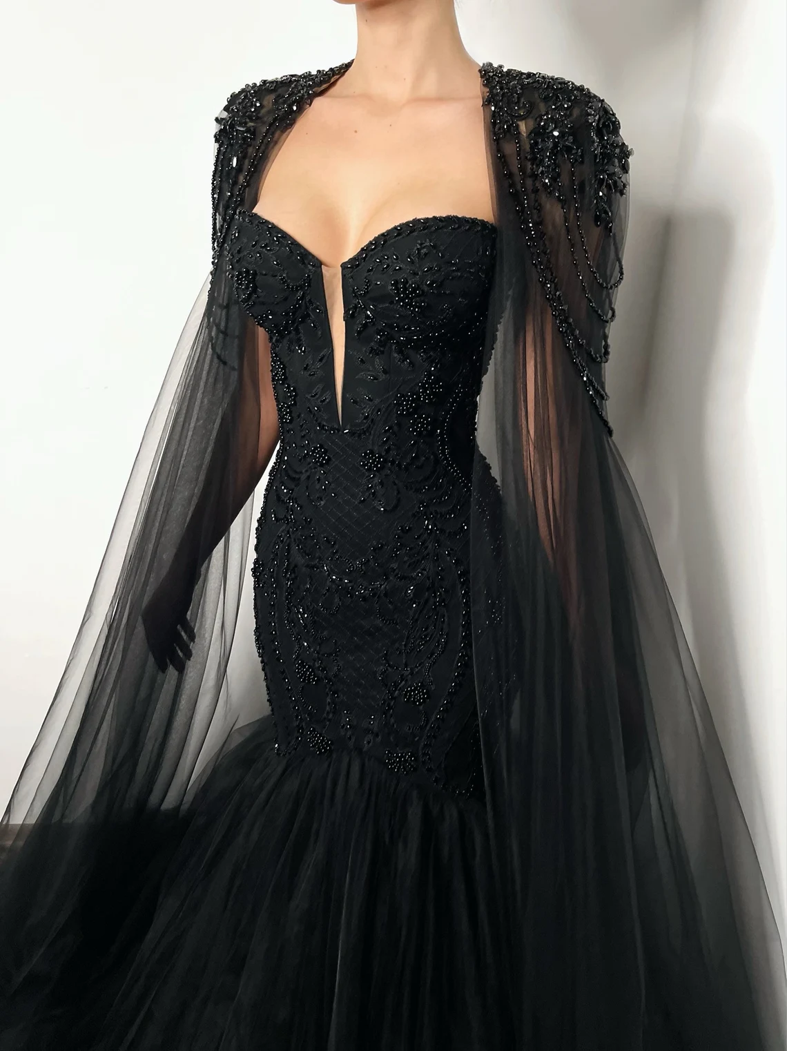 Black gothic beaded lace corset tulle mermaid wedding dress, alternative bride cape dress with a train,DS9575
