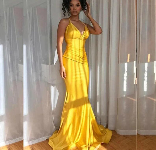 Sexy Gold Yellow Spaghetti Strap V-neck Mermaid Long Prom Dress,CD3175