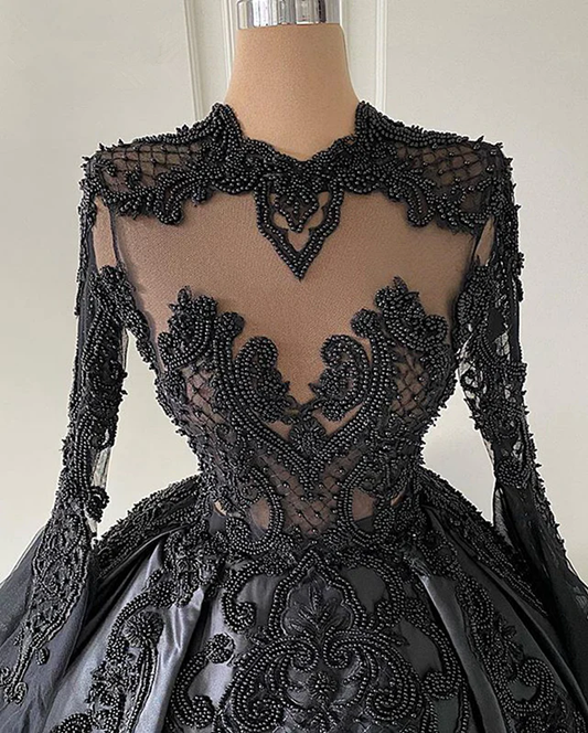 Ball Gown Black Long Sleeves Lace Prom Dresses,Beading Formal Evening Dresses,BD1484