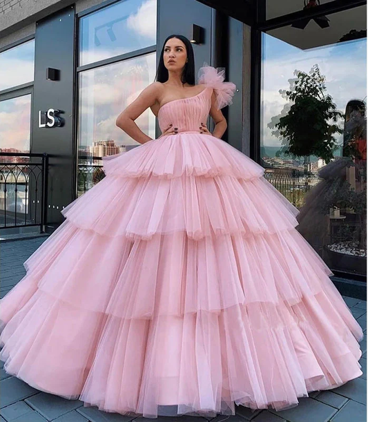 Charming Ball Gown Tulle Pink One Shoulder Long Quinceanera Dresses,DS0379