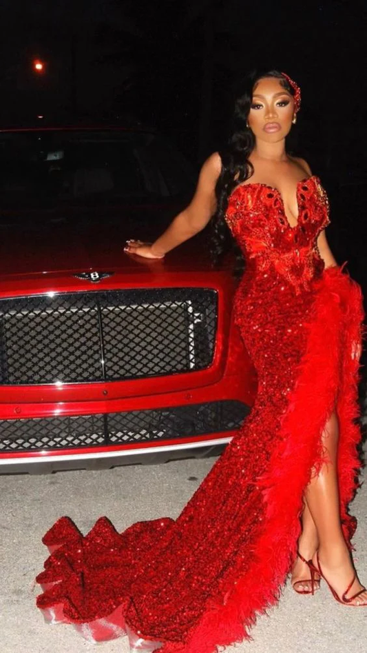 Black Girl Sexy Sequins Red V Neck Long Prom Dress with Feather, BL18609