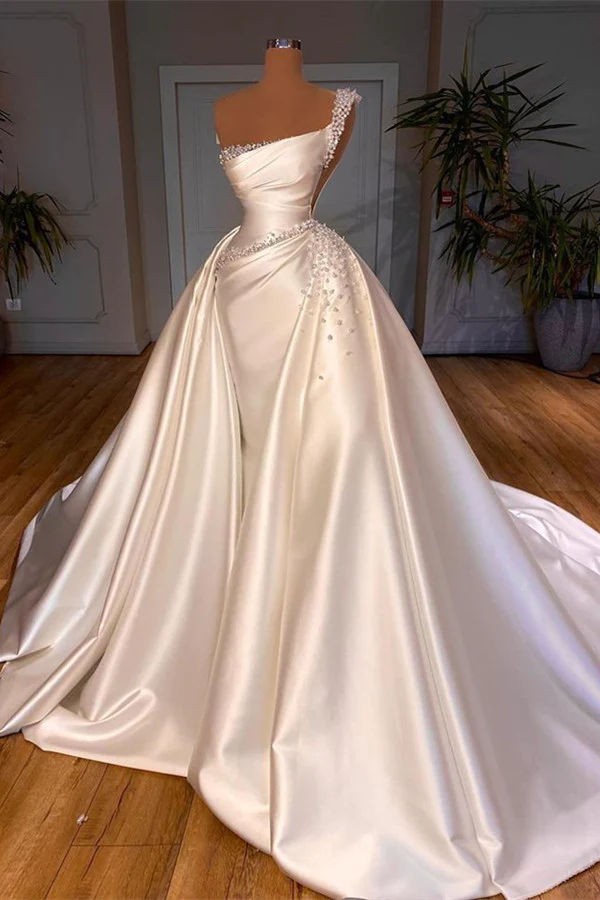 GLAMOROUS ONE SHOULDER PEARL WEDDING DRESS OVERSKIRT BRIDAL GOWNS ON SALE,DS4644