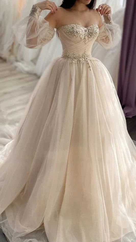 Tulle Boho Wedding Dresses Removable Sleeves, Sweeheart Prom Dress,DS4631