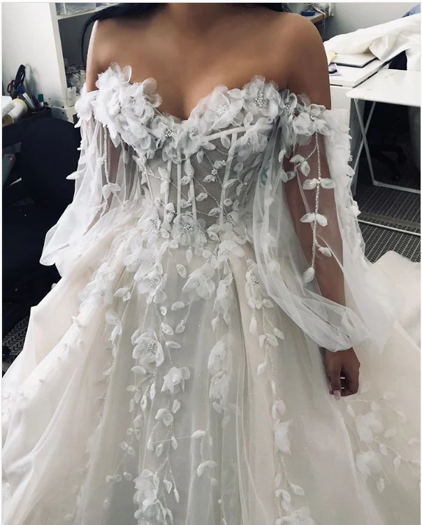 Off The Shoulder Long Sleeves Boho Wedding Dress Beach Lace Wedding Gowns,DS4628