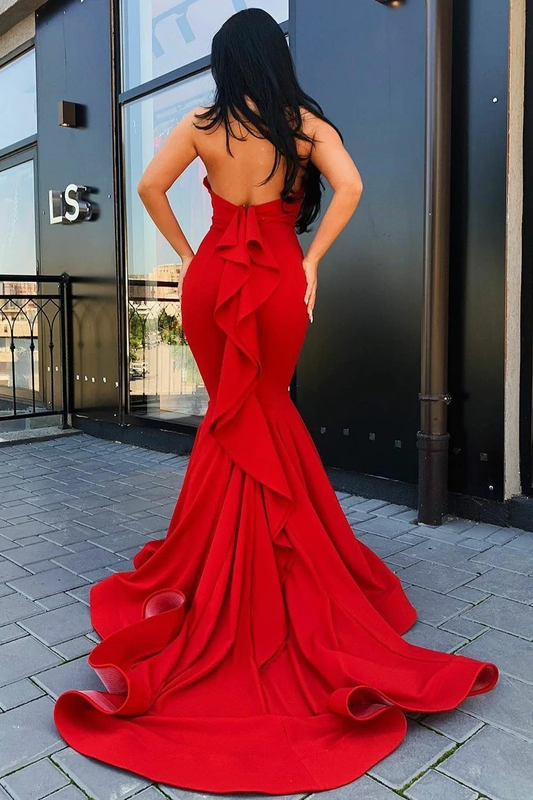 Halter Red Mermaid Evening Gowns with Ruffles Backless Prom Dresses,DS4704