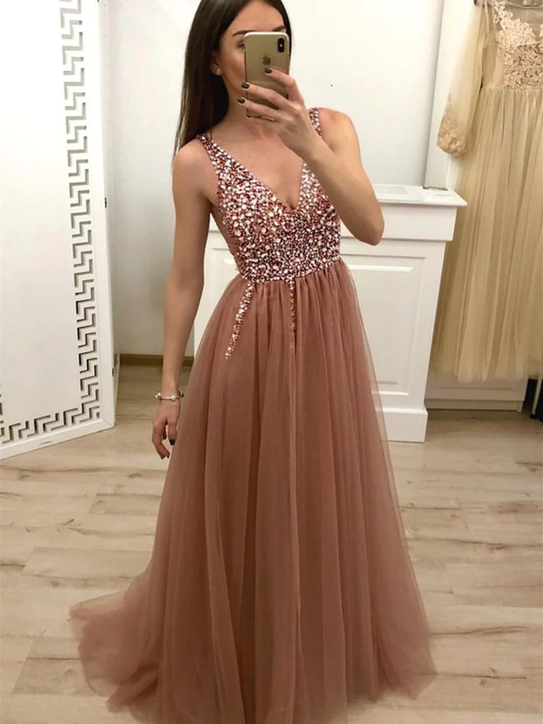 A Line V Neck Beaded Champagne Tulle Prom Dresses with Corset Back, Beaded Champagne Formal Evening Dress with Corset Back,DS1814