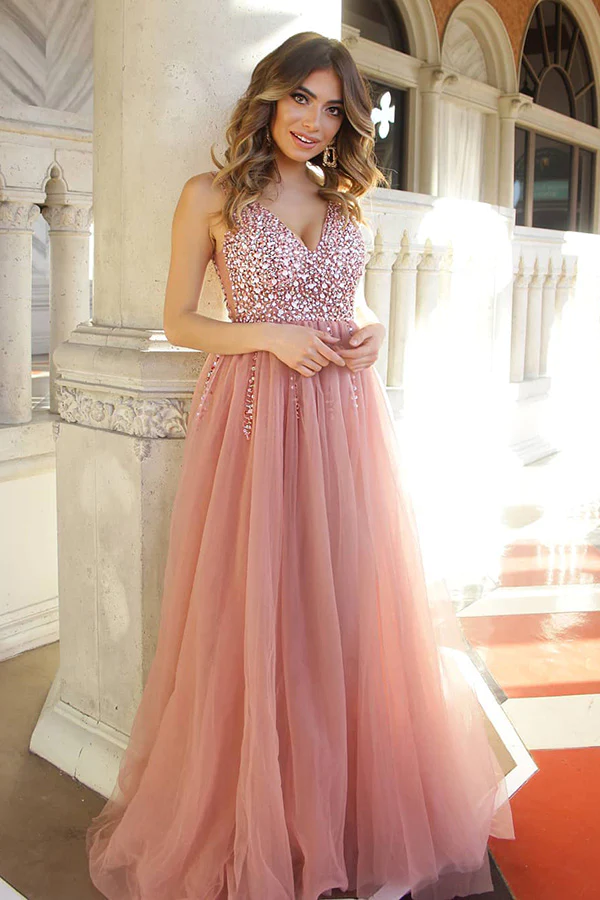 A Line V Neck Beaded Champagne Tulle Prom Dresses with Corset Back, Beaded Champagne Formal Evening Dress with Corset Back,DS1814