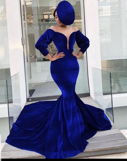 Royal Blue Velvet Mermaid Prom Dresses 3/4 Sleeve Sheer Neck Formal Evening Party Dress Dress ,DS4875