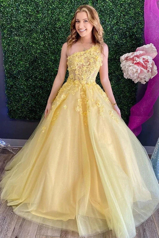 Yellow Lace One Shoulder Prom Dresses A Line Evening Gowns,DS4889