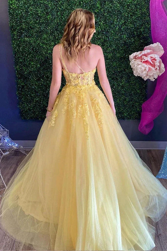 Yellow Lace One Shoulder Prom Dresses A Line Evening Gowns,DS4889