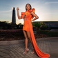 Orange Velvet Short Prom Dress Beaded Ruffle Sleeve Real Picture African Dark Skin Girl Party Dress,DS5006