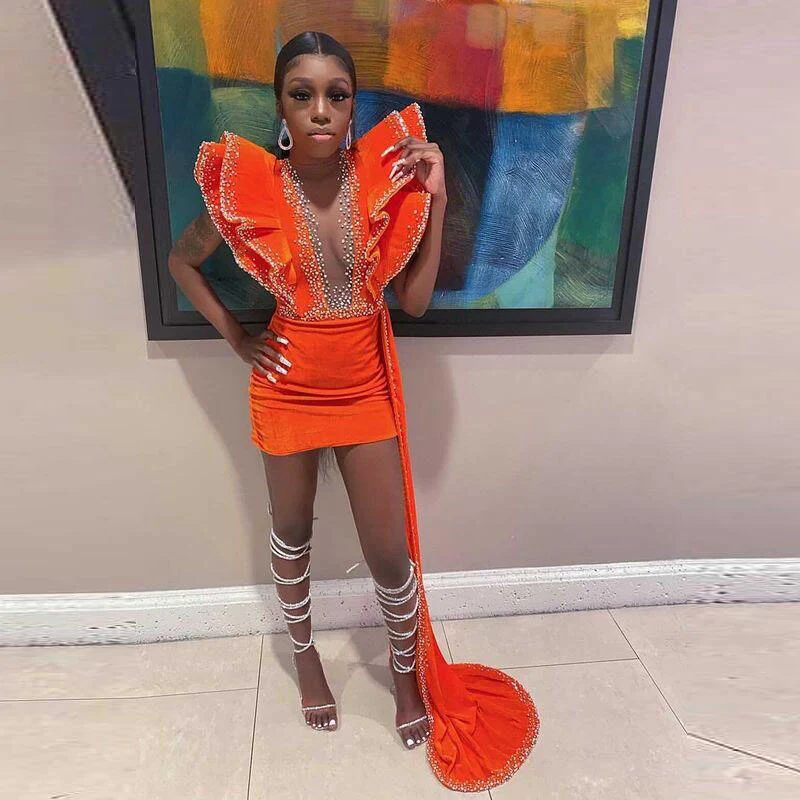 Orange Velvet Short Prom Dress Beaded Ruffle Sleeve Real Picture African Dark Skin Girl Party Dress,DS5006