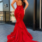 Halter Red Mermaid Evening Gowns with Ruffles Backless Prom Dresses,DS5046