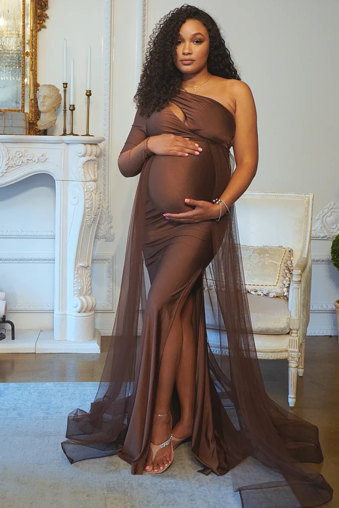 Gold Asymmetric Maternity Gown with tulle Train, Gender Reveal Dress,DS0380